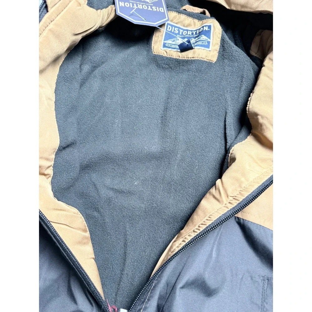 Distortion Kids Hooded Fleece Lined Windbreaker Jacket Tan Black Size S 4 NWT